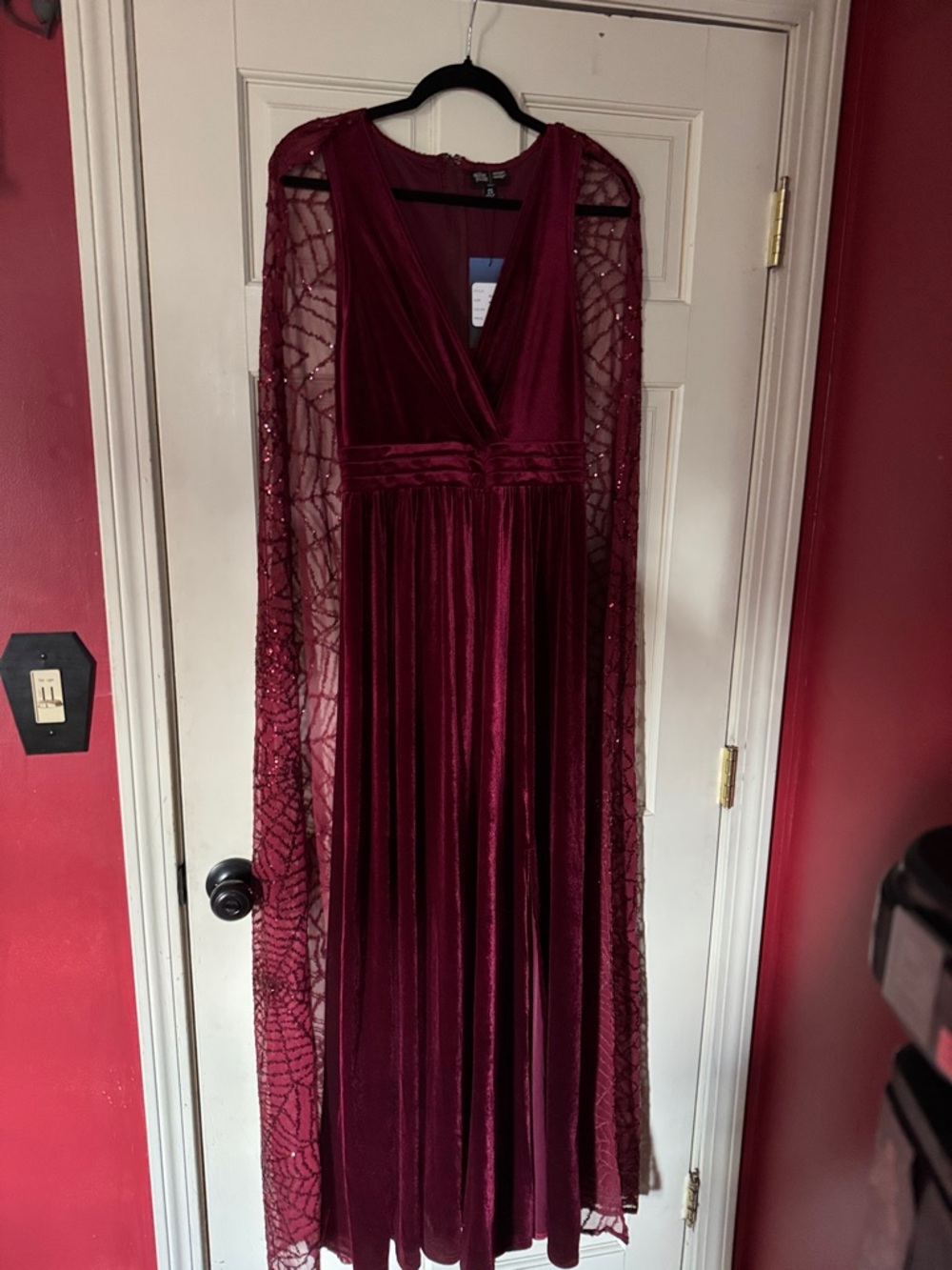 Unique Vintage Burgundy Velvet Evening Dress with Sheer Beaded Cape - Picture 2 of 3